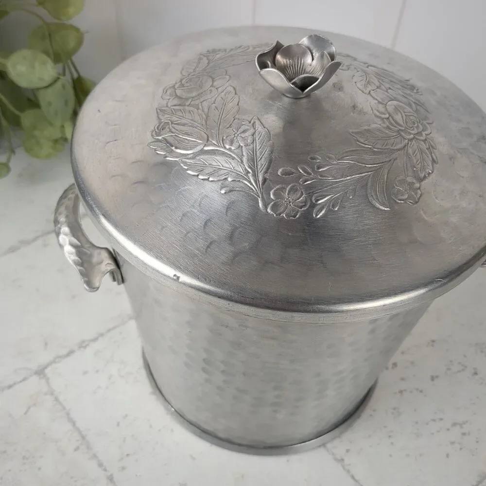 Vintage Hammered Aluminum Ice Bucket Floral Rose Midcentury Art Nouveau